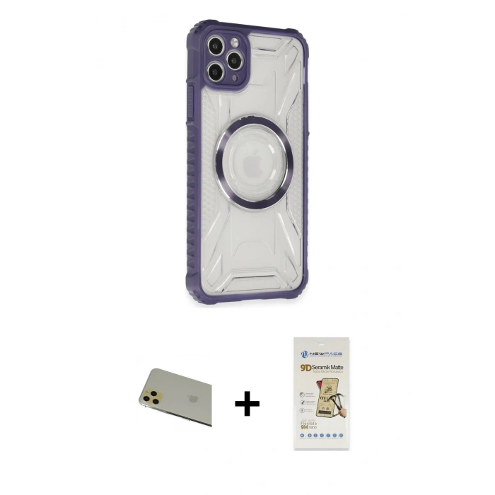 MARSİLYAN™- iPhone 11 Pro Max Kılıf Kutup Modern - Siyah Mat Seramik Nano Ekran Koruyucu + Rainbow Kamera Lens Koruma Cam - GD