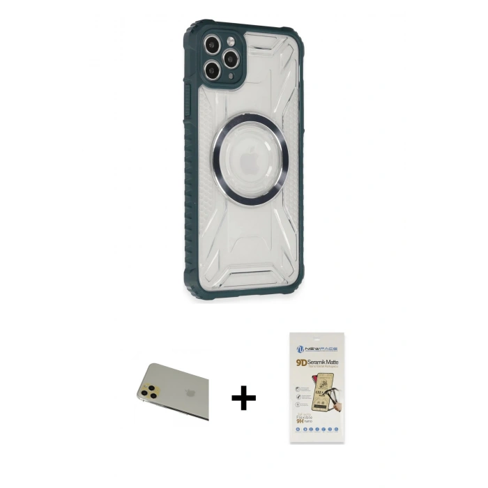 MARSİLYAN™- iPhone 11 Pro Max Kılıf Kutup Modern - Siyah Mat Seramik Nano Ekran Koruyucu + Rainbow Kamera Lens Koruma Cam - GD
