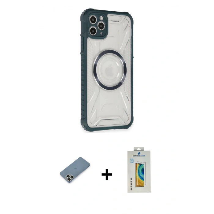 MARSİLYAN™- iPhone 11 Pro Max Kılıf Kutup Modern - Siyah Polymer Nano Ekran Koruyucu + Metal Kamera Lens Koruma Cam - AKYL