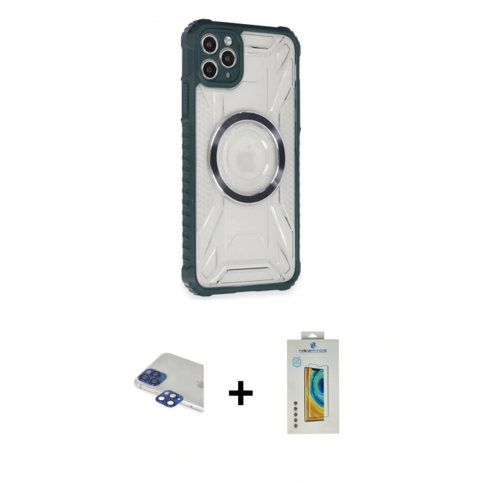 MARSİLYAN™- iPhone 11 Pro Max Kılıf Kutup Modern - Siyah Polymer Nano Ekran Koruyucu + Lacivert Pers Alüminyum Kamera Lens