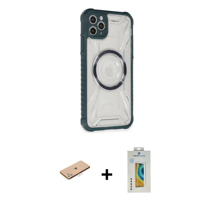 MARSİLYAN™- iPhone 11 Pro Max Kılıf Kutup Modern - Siyah Polymer Nano Ekran Koruyucu + Pembe Renkli Kamera Lens Koruma Cam