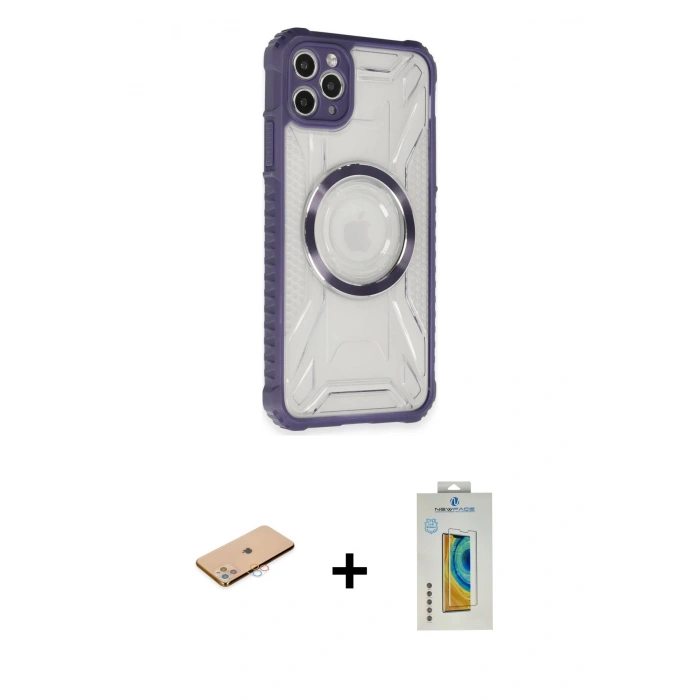MARSİLYAN™- iPhone 11 Pro Max Kılıf Kutup Modern - Siyah Polymer Nano Ekran Koruyucu + Pembe Renkli Kamera Lens Koruma Cam