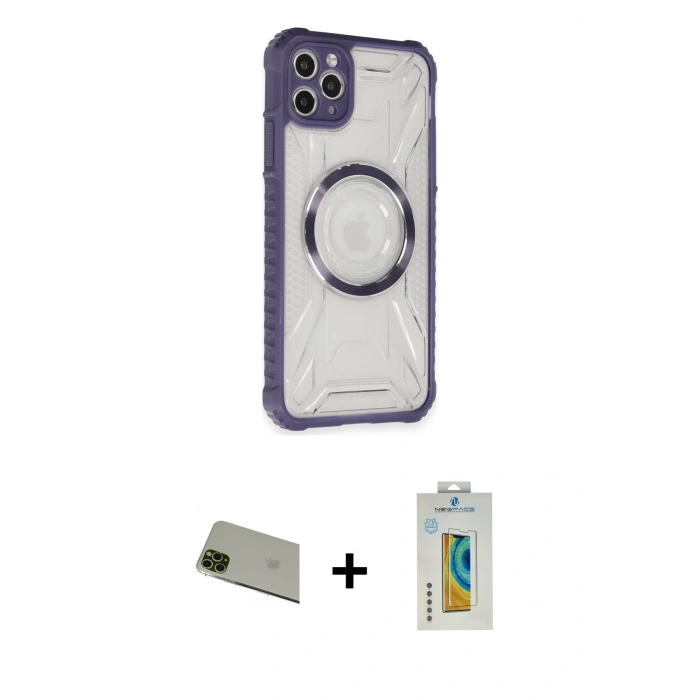 MARSİLYAN™- iPhone 11 Pro Max Kılıf Kutup Modern - Siyah Polymer Nano Ekran Koruyucu + Rainbow Kamera Lens Koruma Cam - YL