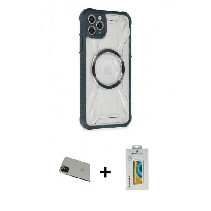 MARSİLYAN™- iPhone 11 Pro Max Kılıf Kutup Modern - Siyah Polymer Nano Ekran Koruyucu + Rainbow Kamera Lens Koruma Cam - YL