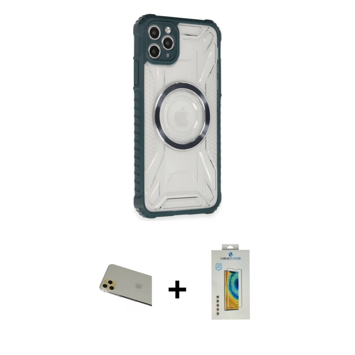 MARSİLYAN™- iPhone 11 Pro Max Kılıf Kutup Modern - Siyah Polymer Nano Ekran Koruyucu + Rainbow Kamera Lens Koruma Cam - GD