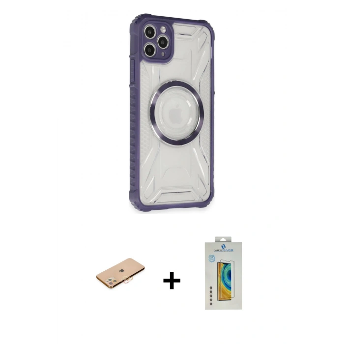 MARSİLYAN™- iPhone 11 Pro Max Kılıf Kutup Modern - Siyah Polymer Nano Ekran Koruyucu + Turuncu Renkli Kamera Lens Koruma Cam