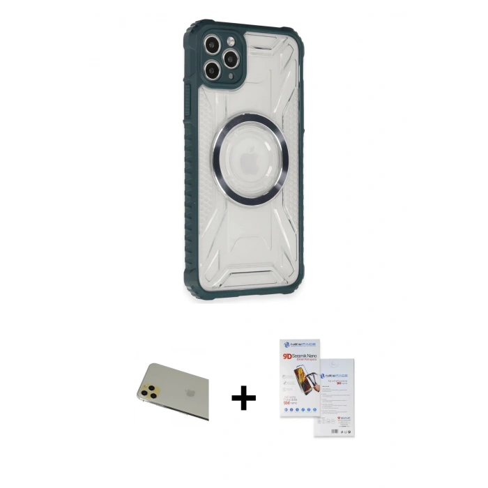 MARSİLYAN™- iPhone 11 Pro Max Kılıf Kutup Modern - Siyah Seramik Nano Ekran Koruyucu + Gold Rainbow Kamera Lens Koruma Cam