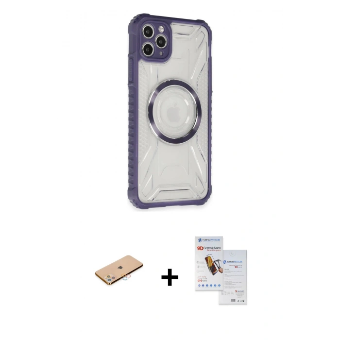 MARSİLYAN™- iPhone 11 Pro Max Kılıf Kutup Modern - Siyah Seramik Nano Ekran Koruyucu + Pembe Renkli Kamera Lens Koruma Cam