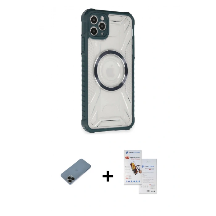 MARSİLYAN™- iPhone 11 Pro Max Kılıf Kutup Modern - Siyah Seramik Nano Ekran Koruyucu + Siyah Shine Kamera Lens Koruma Cam