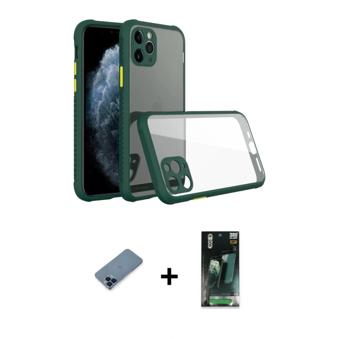 MARSİLYAN™- iPhone 11 Pro Max Kılıf Nova Asil Özel Seri - Şeffaf 360 Full Body Arka Koruyucu + Metal Kamera Lens Koruma Cam - MI