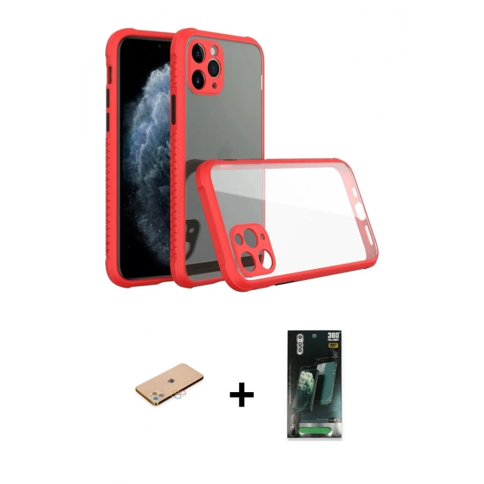MARSİLYAN™- iPhone 11 Pro Max Kılıf Nova Asil Özel Seri - Şeffaf 360 Full Body Arka Koruyucu + Pembe Renkli Kamera Lens Koruma Cam