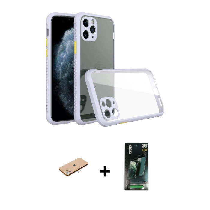 MARSİLYAN™- iPhone 11 Pro Max Kılıf Nova Asil Özel Seri - Şeffaf 360 Full Body Arka Koruyucu + Pembe Renkli Kamera Lens Koruma Cam