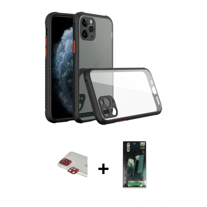 MARSİLYAN™- iPhone 11 Pro Max Kılıf Nova Asil Özel Seri - Şeffaf 360 Full Body Arka Koruyucu + Pers Alüminyum Kamera Lens - KI