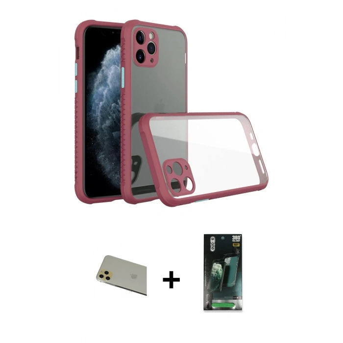 MARSİLYAN™- iPhone 11 Pro Max Kılıf Nova Asil Özel Seri - Şeffaf 360 Full Body Arka Koruyucu + Rainbow Kamera Lens Koruma Cam - GD