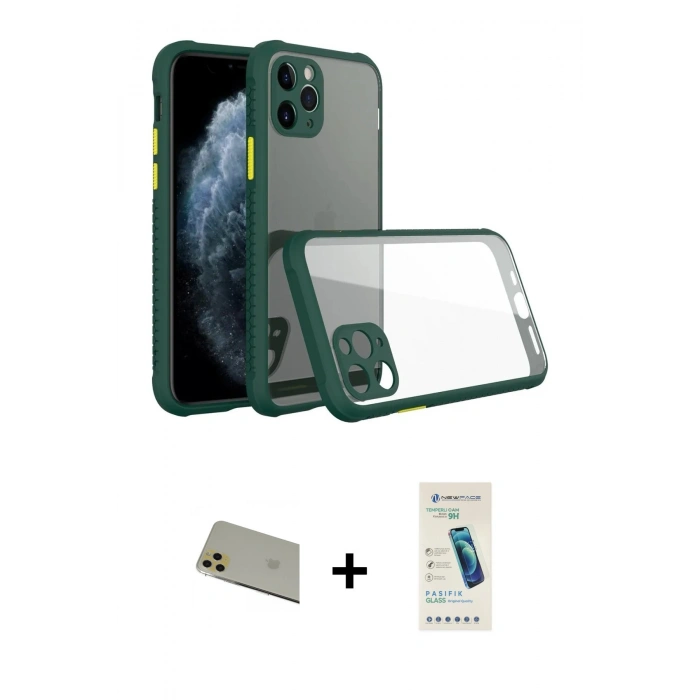 MARSİLYAN™- iPhone 11 Pro Max Kılıf Nova Asil Özel Seri - Şeffaf Pasifik Cam Ekran Koruyucu + Rainbow Kamera Lens Koruma Cam - GD