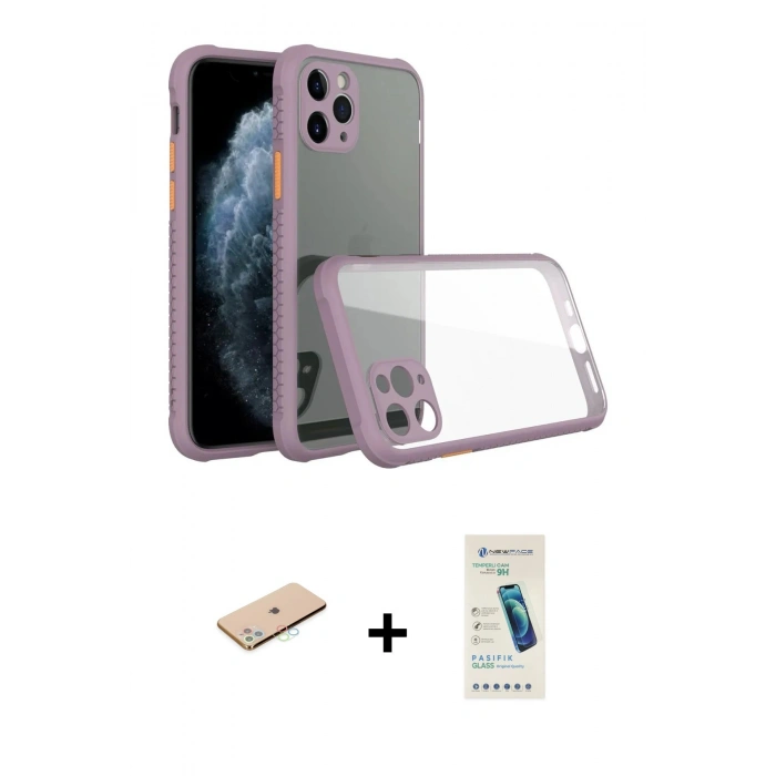MARSİLYAN™- iPhone 11 Pro Max Kılıf Nova Asil Özel Seri - Şeffaf Pasifik Cam Ekran Koruyucu + Renkli Kamera Lens Koruma Cam - MI