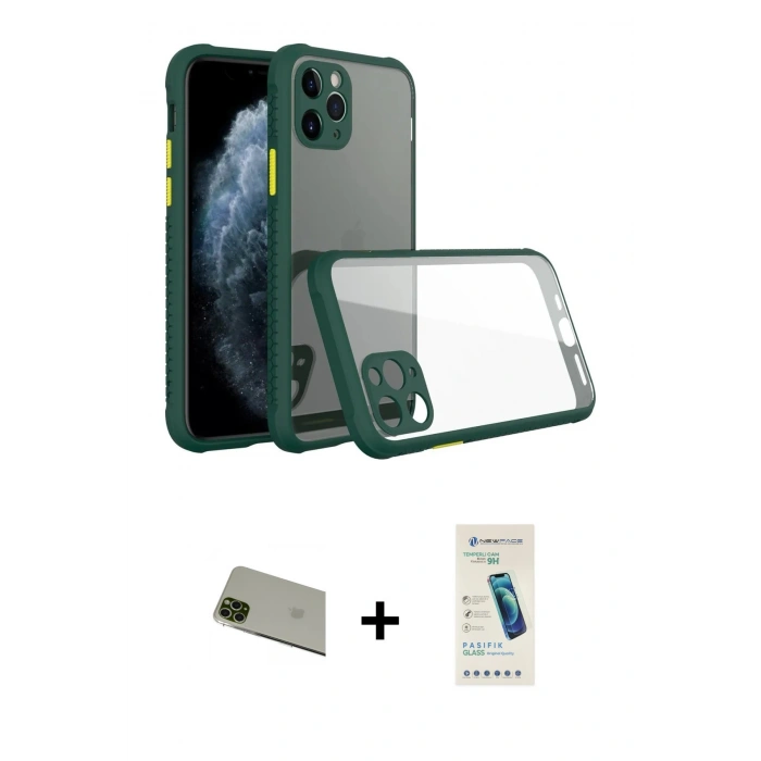 MARSİLYAN™- iPhone 11 Pro Max Kılıf Nova Asil Özel Seri - Şeffaf Pasifik Cam Ekran Koruyucu + Rainbow Kamera Lens Koruma Cam - YL