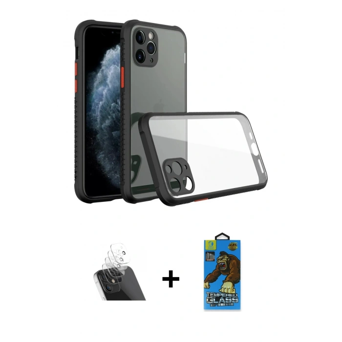 MARSİLYAN™- iPhone 11 Pro Max Kılıf Nova Asil Özel Seri - Siyah 18D Cam Ekran Koruyucu + Kamera Lens Koruma Cam - SF