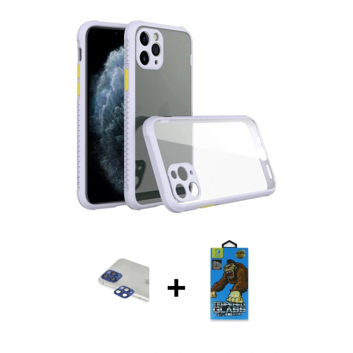 MARSİLYAN™- iPhone 11 Pro Max Kılıf Nova Asil Özel Seri - Siyah 18D Cam Ekran Koruyucu + Lacivert Pers Alüminyum Kamera Lens