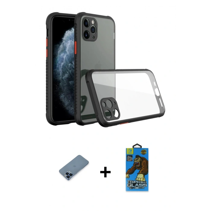MARSİLYAN™- iPhone 11 Pro Max Kılıf Nova Asil Özel Seri - Siyah 18D Cam Ekran Koruyucu + Metal Kamera Lens Koruma Cam - MI