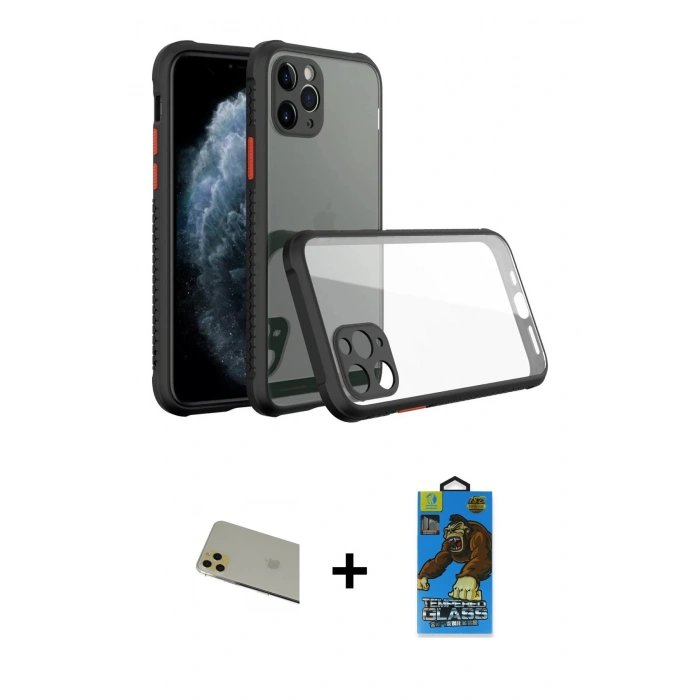 MARSİLYAN™- iPhone 11 Pro Max Kılıf Nova Asil Özel Seri - Siyah 18D Cam Ekran Koruyucu + Rainbow Kamera Lens Koruma Cam - GD