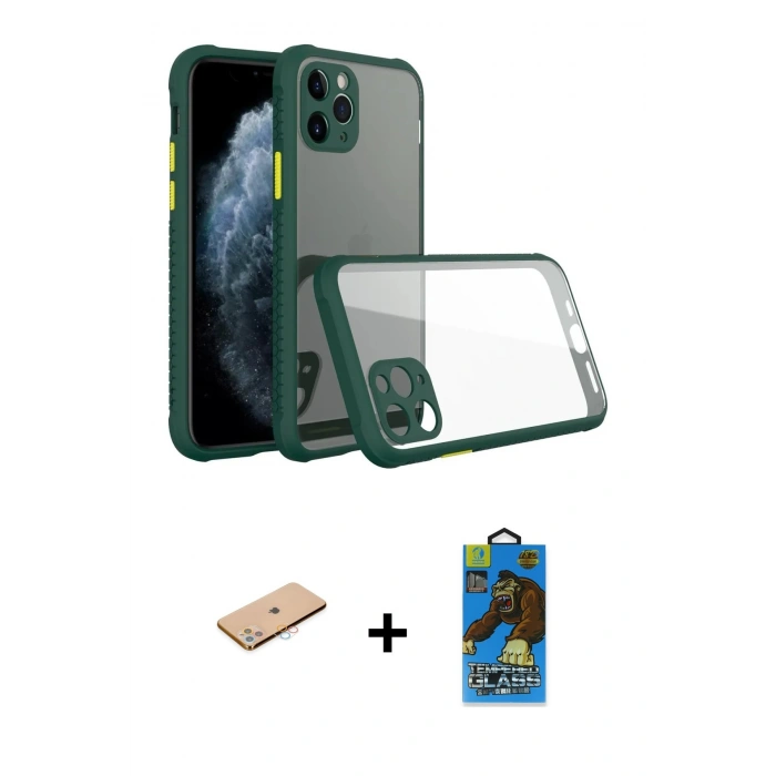MARSİLYAN™- iPhone 11 Pro Max Kılıf Nova Asil Özel Seri - Siyah 18D Cam Ekran Koruyucu + Renkli Kamera Lens Koruma Cam - PE