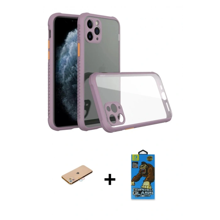 MARSİLYAN™- iPhone 11 Pro Max Kılıf Nova Asil Özel Seri - Siyah 18D Cam Ekran Koruyucu + Renkli Kamera Lens Koruma Cam - PE