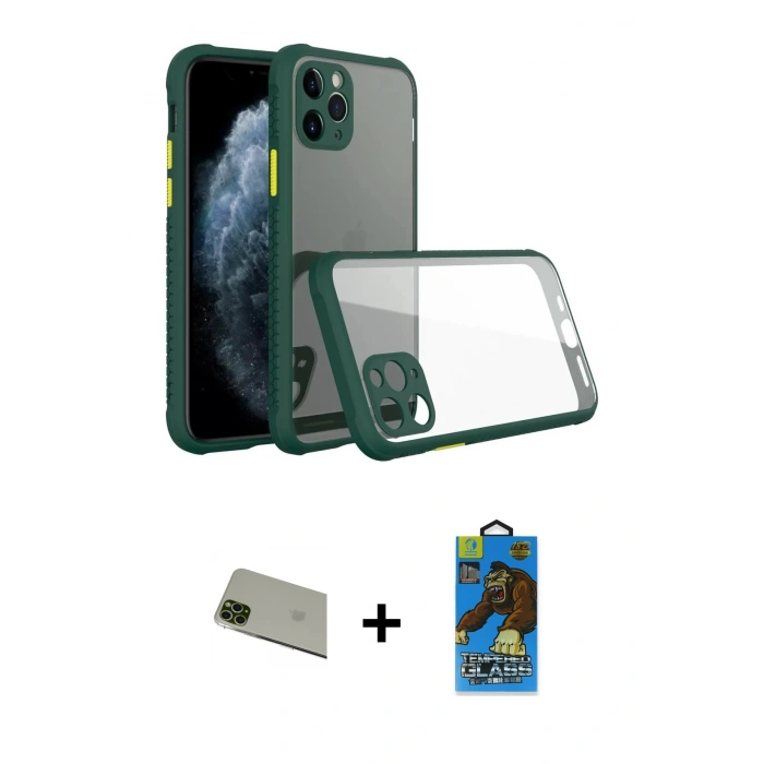 MARSİLYAN™- iPhone 11 Pro Max Kılıf Nova Asil Özel Seri - Siyah 18D Cam Ekran Koruyucu + Yeşil Rainbow Kamera Lens Koruma Cam