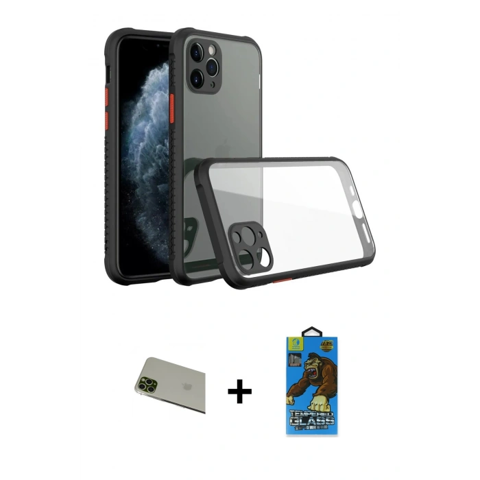 MARSİLYAN™- iPhone 11 Pro Max Kılıf Nova Asil Özel Seri - Siyah 18D Cam Ekran Koruyucu + Yeşil Rainbow Kamera Lens Koruma Cam