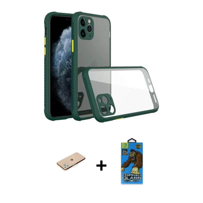 MARSİLYAN™- iPhone 11 Pro Max Kılıf Nova Asil Özel Seri - Siyah 18D Cam Ekran Koruyucu + Renkli Kamera Lens Koruma Cam - YL