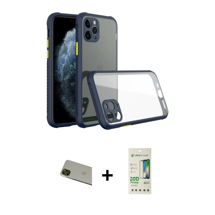 MARSİLYAN™- iPhone 11 Pro Max Kılıf Nova Asil Özel Seri - Siyah 20D Premium Cam Ekran Koruyucu + Rainbow Kamera Lens Koruma Cam - YL