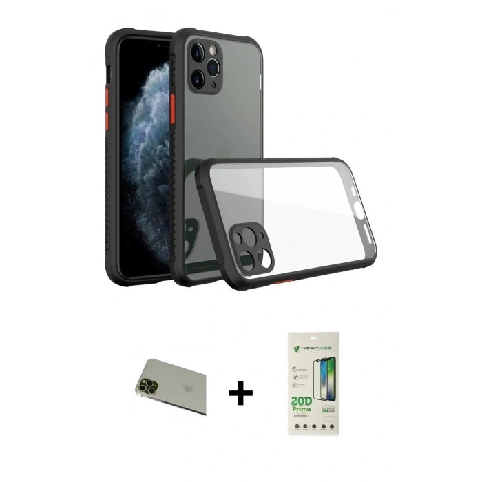 MARSİLYAN™- iPhone 11 Pro Max Kılıf Nova Asil Özel Seri - Siyah 20D Premium Cam Ekran Koruyucu + Rainbow Kamera Lens Koruma Cam - YL