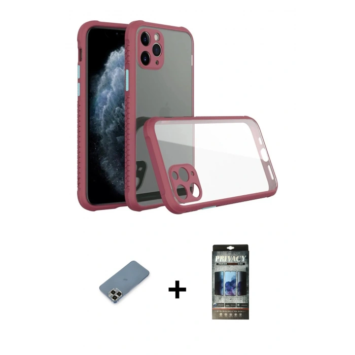 MARSİLYAN™- iPhone 11 Pro Max Kılıf Nova Asil Özel Seri - Siyah 34D Hayalet Izgaralı Cam + Metal Kamera Lens Koruma Cam - GD