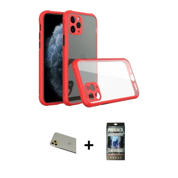 MARSİLYAN™- iPhone 11 Pro Max Kılıf Nova Asil Özel Seri - Siyah 34D Hayalet Izgaralı Cam + Rainbow Kamera Lens Koruma Cam - GD