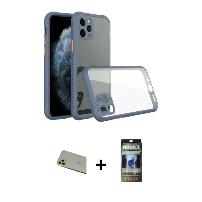 MARSİLYAN™- iPhone 11 Pro Max Kılıf Nova Asil Özel Seri - Siyah 34D Hayalet Izgaralı Cam + Rainbow Kamera Lens Koruma Cam - GD