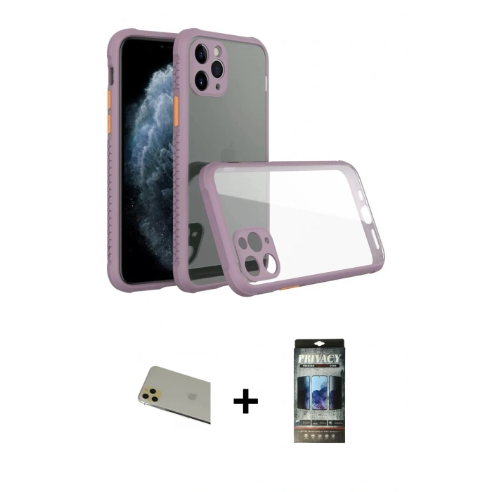 MARSİLYAN™- iPhone 11 Pro Max Kılıf Nova Asil Özel Seri - Siyah 34D Hayalet Izgaralı Cam + Rainbow Kamera Lens Koruma Cam - GD