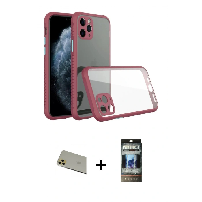MARSİLYAN™- iPhone 11 Pro Max Kılıf Nova Asil Özel Seri - Siyah 34D Hayalet Izgaralı Cam + Rainbow Kamera Lens Koruma Cam - GD