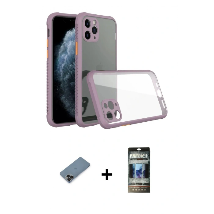 MARSİLYAN™- iPhone 11 Pro Max Kılıf Nova Asil Özel Seri - Siyah 34D Hayalet Izgaralı Cam + Metal Kamera Lens Koruma Cam - SH