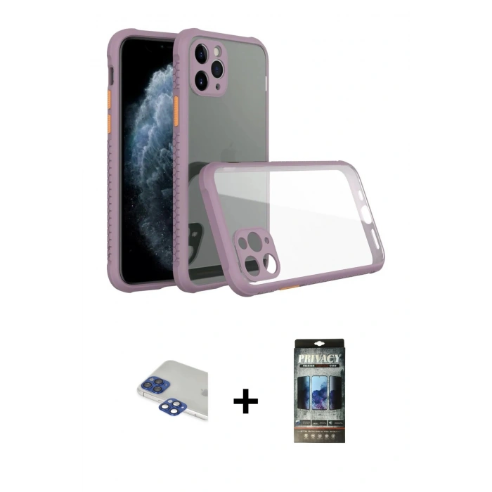 MARSİLYAN™- iPhone 11 Pro Max Kılıf Nova Asil Özel Seri - Siyah 34D Hayalet Izgaralı Cam + Pers Alüminyum Kamera Lens - LT