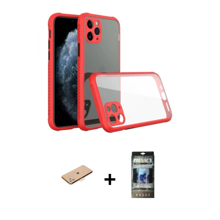 MARSİLYAN™- iPhone 11 Pro Max Kılıf Nova Asil Özel Seri - Siyah 34D Hayalet Izgaralı Cam + Renkli Kamera Lens Koruma Cam - PE