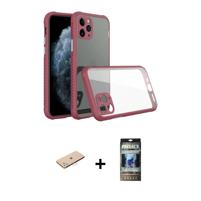 MARSİLYAN™- iPhone 11 Pro Max Kılıf Nova Asil Özel Seri - Siyah 34D Hayalet Izgaralı Cam + Renkli Kamera Lens Koruma Cam - MI