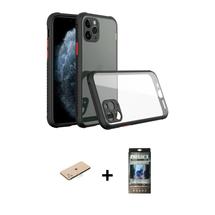 MARSİLYAN™- iPhone 11 Pro Max Kılıf Nova Asil Özel Seri - Siyah 34D Hayalet Izgaralı Cam + Renkli Kamera Lens Koruma Cam - MI
