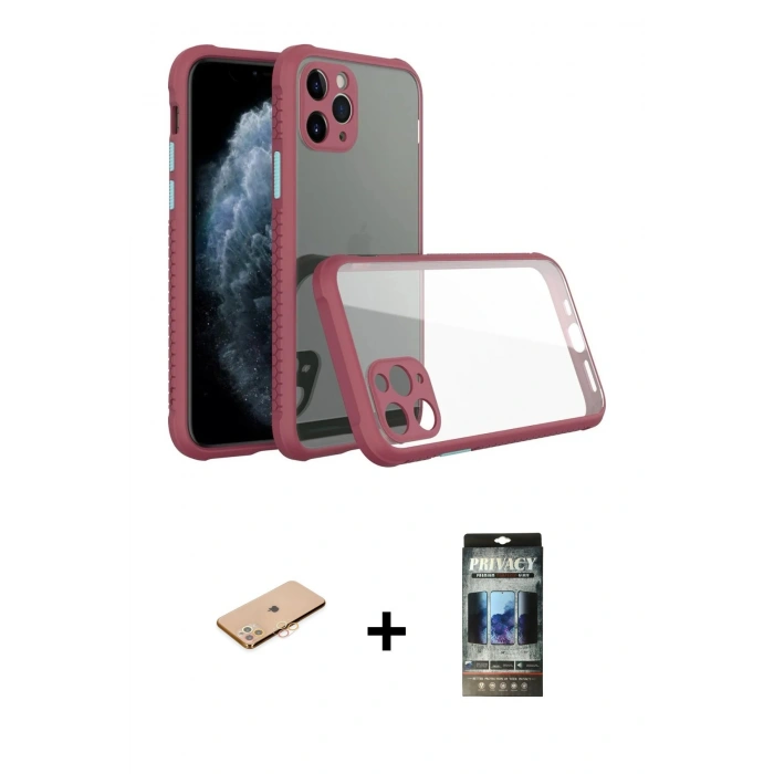MARSİLYAN™- iPhone 11 Pro Max Kılıf Nova Asil Özel Seri - Siyah 34D Hayalet Izgaralı Cam + Renkli Kamera Lens Koruma Cam - TU