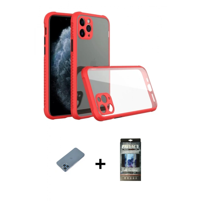 MARSİLYAN™- iPhone 11 Pro Max Kılıf Nova Asil Özel Seri - Siyah 34D Hayalet Izgaralı Cam + Shine Kamera Lens Koruma Cam - MI