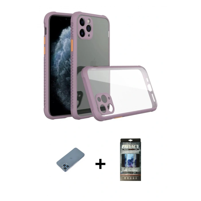 MARSİLYAN™- iPhone 11 Pro Max Kılıf Nova Asil Özel Seri - Siyah 34D Hayalet Izgaralı Cam + Shine Kamera Lens Koruma Cam - MI