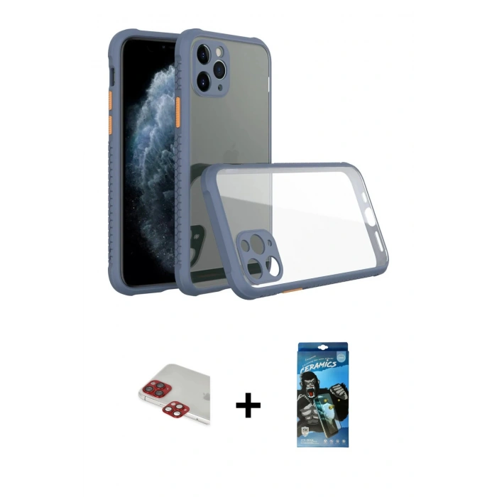 MARSİLYAN™- iPhone 11 Pro Max Kılıf Nova Asil Özel Seri - Siyah 34D Izgaralı Cam + Pers Alüminyum Kamera Lens - KI