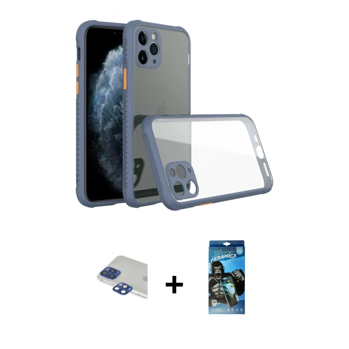 MARSİLYAN™- iPhone 11 Pro Max Kılıf Nova Asil Özel Seri - Siyah 34D Izgaralı Cam + Pers Alüminyum Kamera Lens - LT