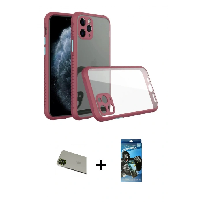 MARSİLYAN™- iPhone 11 Pro Max Kılıf Nova Asil Özel Seri - Siyah 34D Izgaralı Cam + Rainbow Kamera Lens Koruma Cam - YL