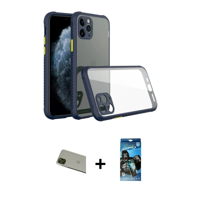 MARSİLYAN™- iPhone 11 Pro Max Kılıf Nova Asil Özel Seri - Siyah 34D Izgaralı Cam + Rainbow Kamera Lens Koruma Cam - YL
