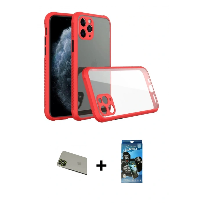 MARSİLYAN™- iPhone 11 Pro Max Kılıf Nova Asil Özel Seri - Siyah 34D Izgaralı Cam + Rainbow Kamera Lens Koruma Cam - YL
